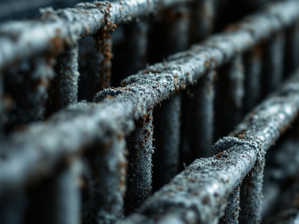 Dirty, dust-caked AC coil before cleaning